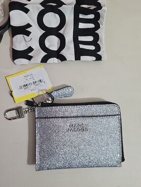 Marc Jacobs Silver Glitter Zip Card Case with Key Clip